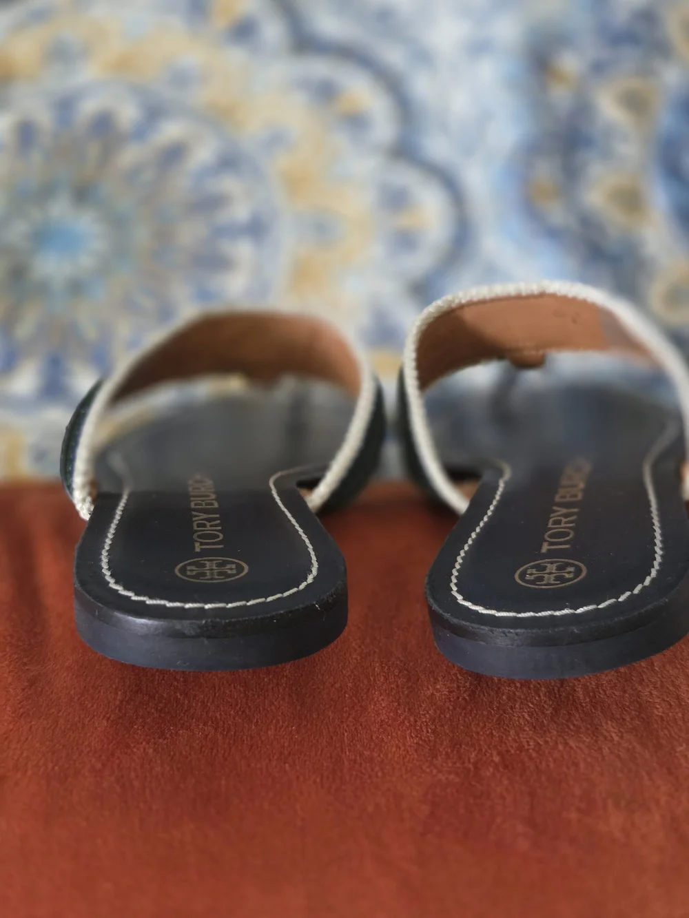 Tory Burch Navy Braided-Trim Chain Thong Sandals